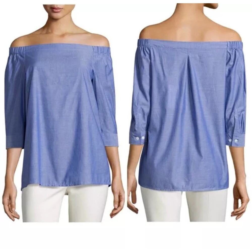 THEORY Joscia Chambray Off The Shoulder Pullover Cotton Top - Women’s Medium